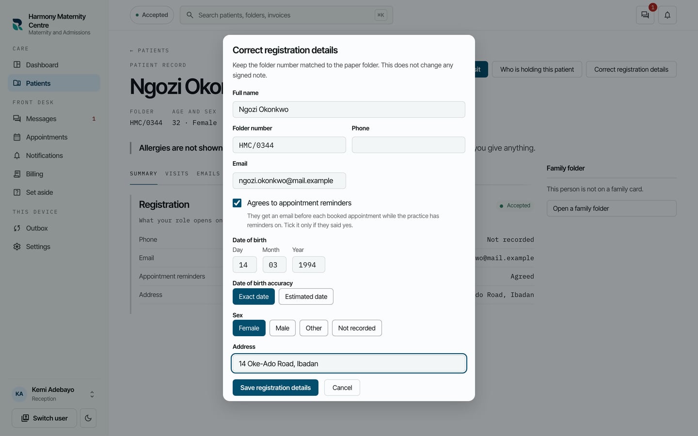 The Correct registration details form for Ngozi Okonkwo, with the address changed to 14 Oke-Ado Road, Ibadan.