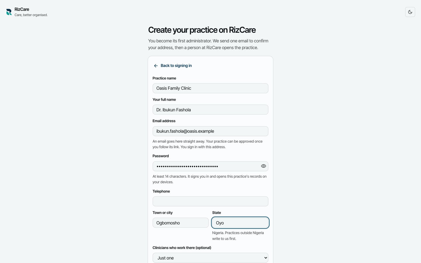 Create your practice on RizCare, with Oasis Family Clinic, the owner's name, email address and password, Ogbomosho and Oyo filled in.