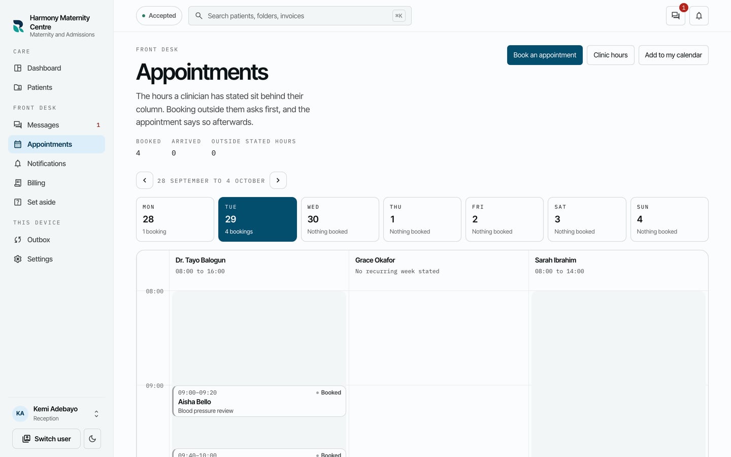 The Appointments diary for Tuesday 29 September, with columns for Dr. Tayo Balogun (08:00 to 16:00), Grace Okafor and Sarah Ibrahim (08:00 to 14:00) and the morning's bookings.