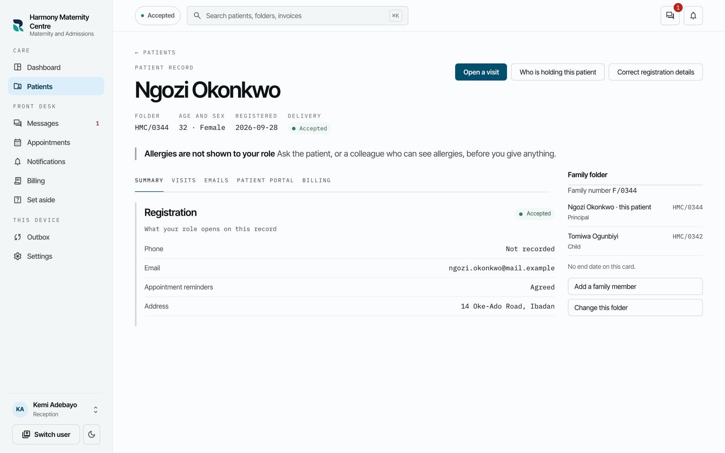 The Family folder panel on Ngozi Okonkwo's chart, listing her as Principal and Tomiwa Ogunbiyi as Child.