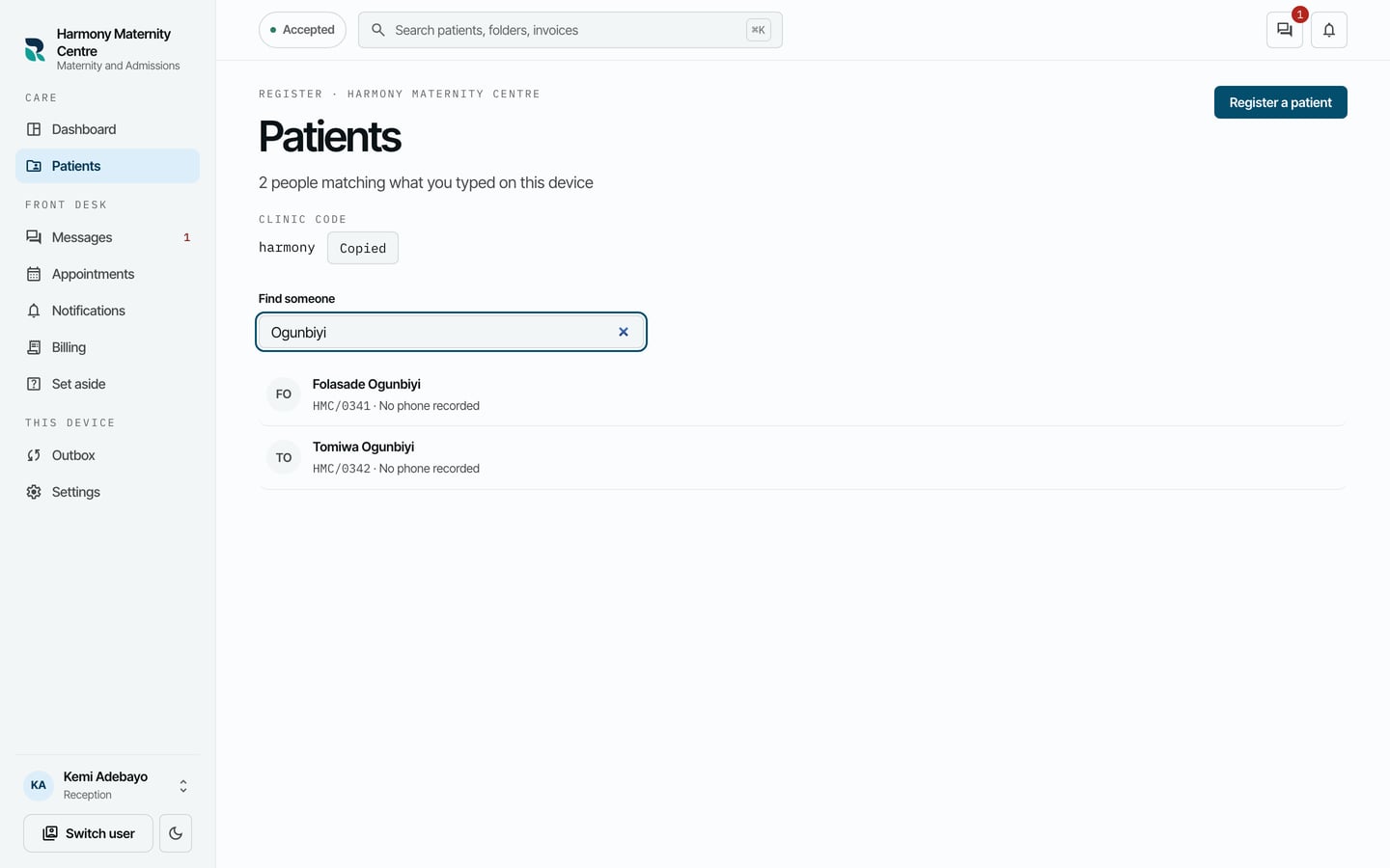 The Patients screen with Ogunbiyi typed in Find someone and the matching patients listed with their folder numbers.