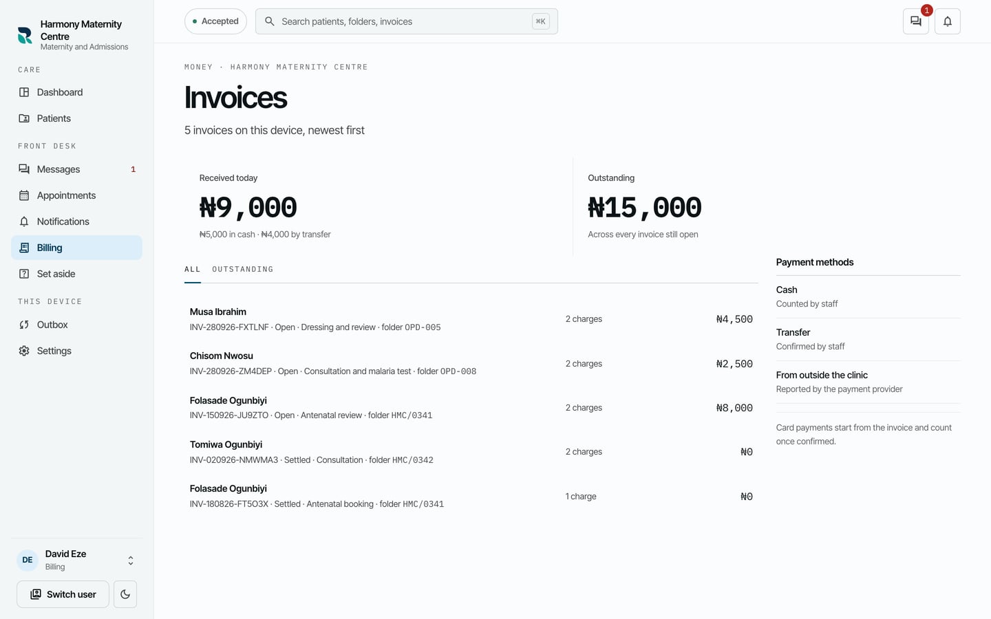 The Invoices list with Received today and Outstanding at the top, the All and Outstanding filters, and each invoice with its patient, number, status and total.