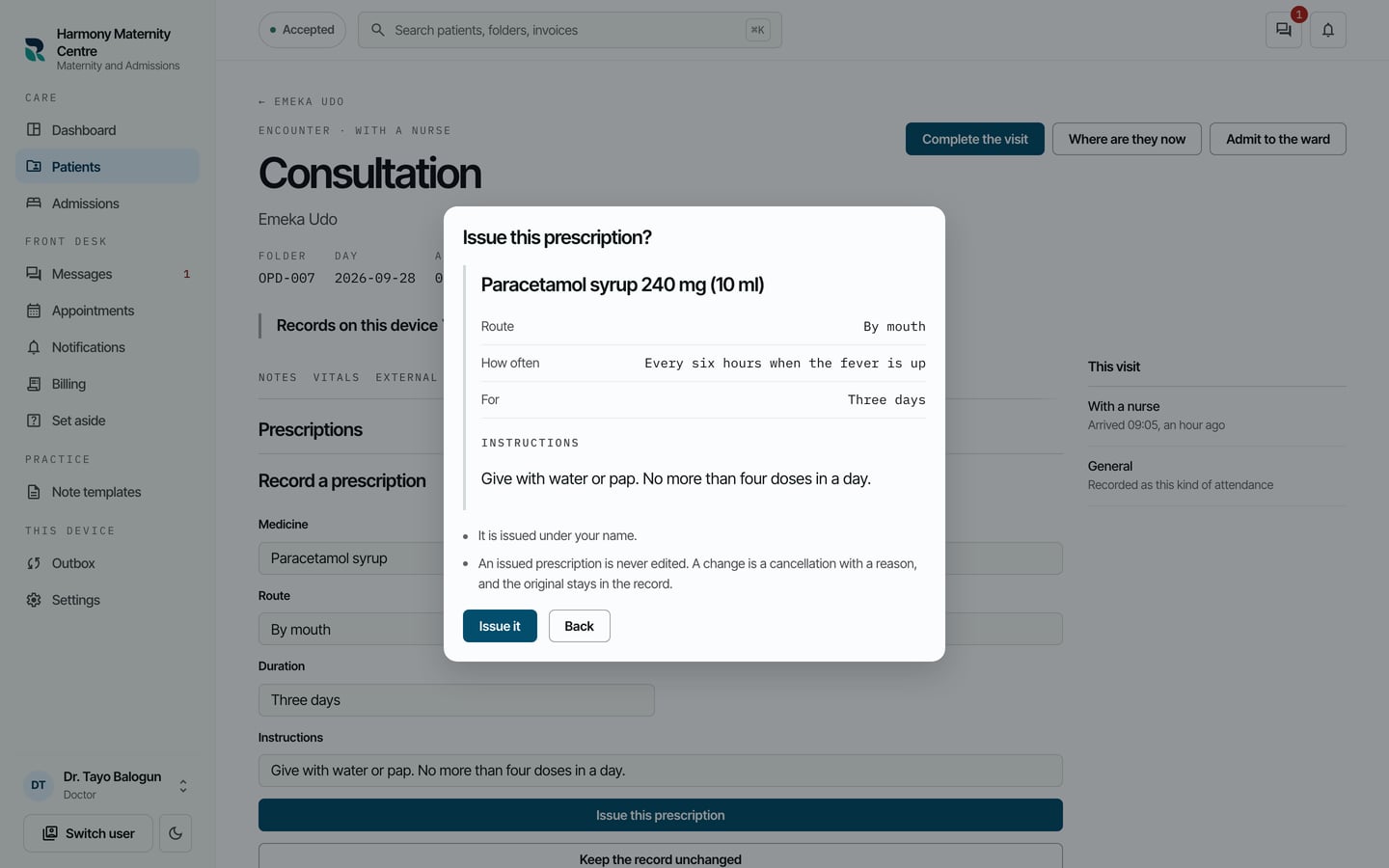 Issue this prescription? with the prescription to check and the Issue it button.