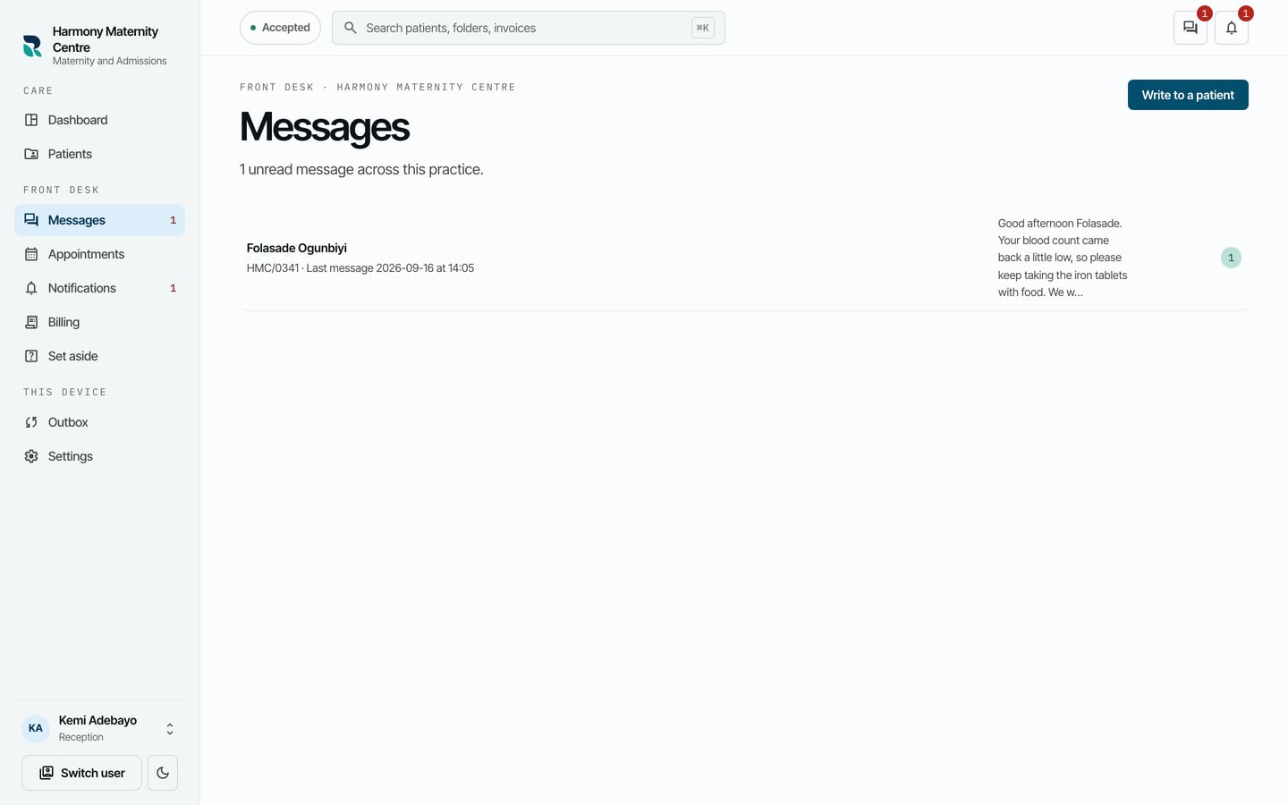 Messages, listing the conversation with Folasade Ogunbiyi, her folder number, when the last message came and the start of it.