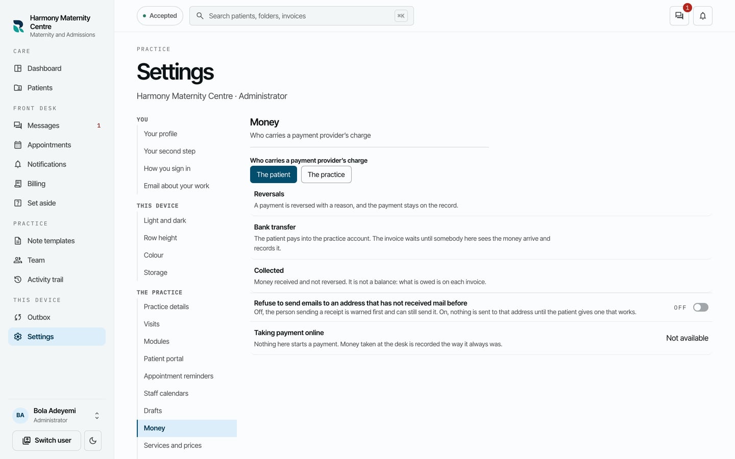 The Money settings: who carries a payment provider's charge, how reversals, transfers and collected money are recorded, emailing a receipt, and Taking payment online, Not available.