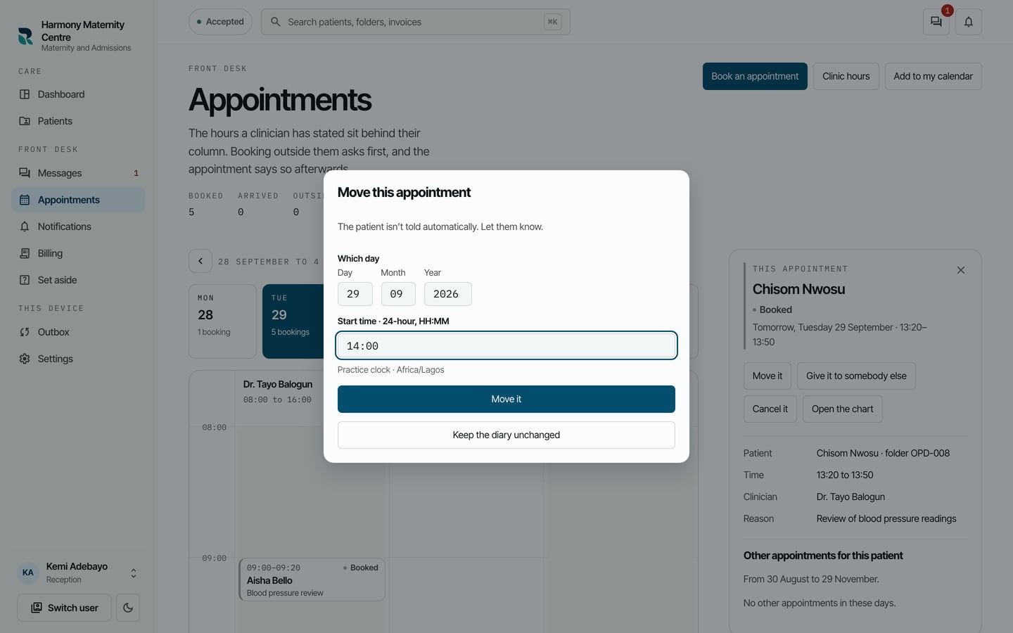Move this appointment, with the start time changed to 14:00.