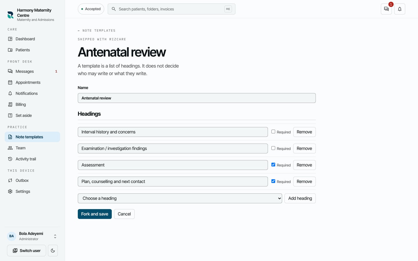 The Antenatal review template with four headings, Assessment and Plan, counselling and next contact marked Required.