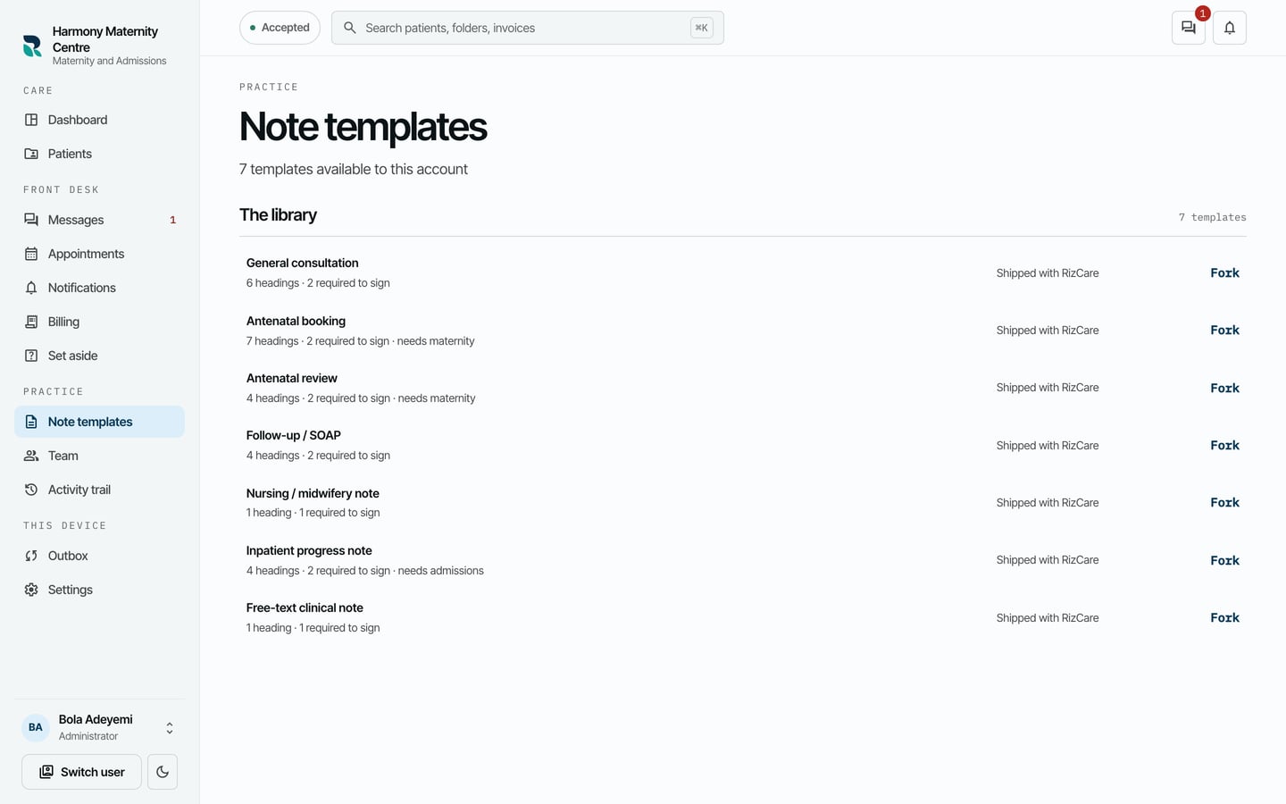 The Note templates library: General consultation, Antenatal booking, Antenatal review, Follow-up / SOAP, Nursing / midwifery note, Inpatient progress note and Free-text clinical note, each marked Shipped with RizCare.
