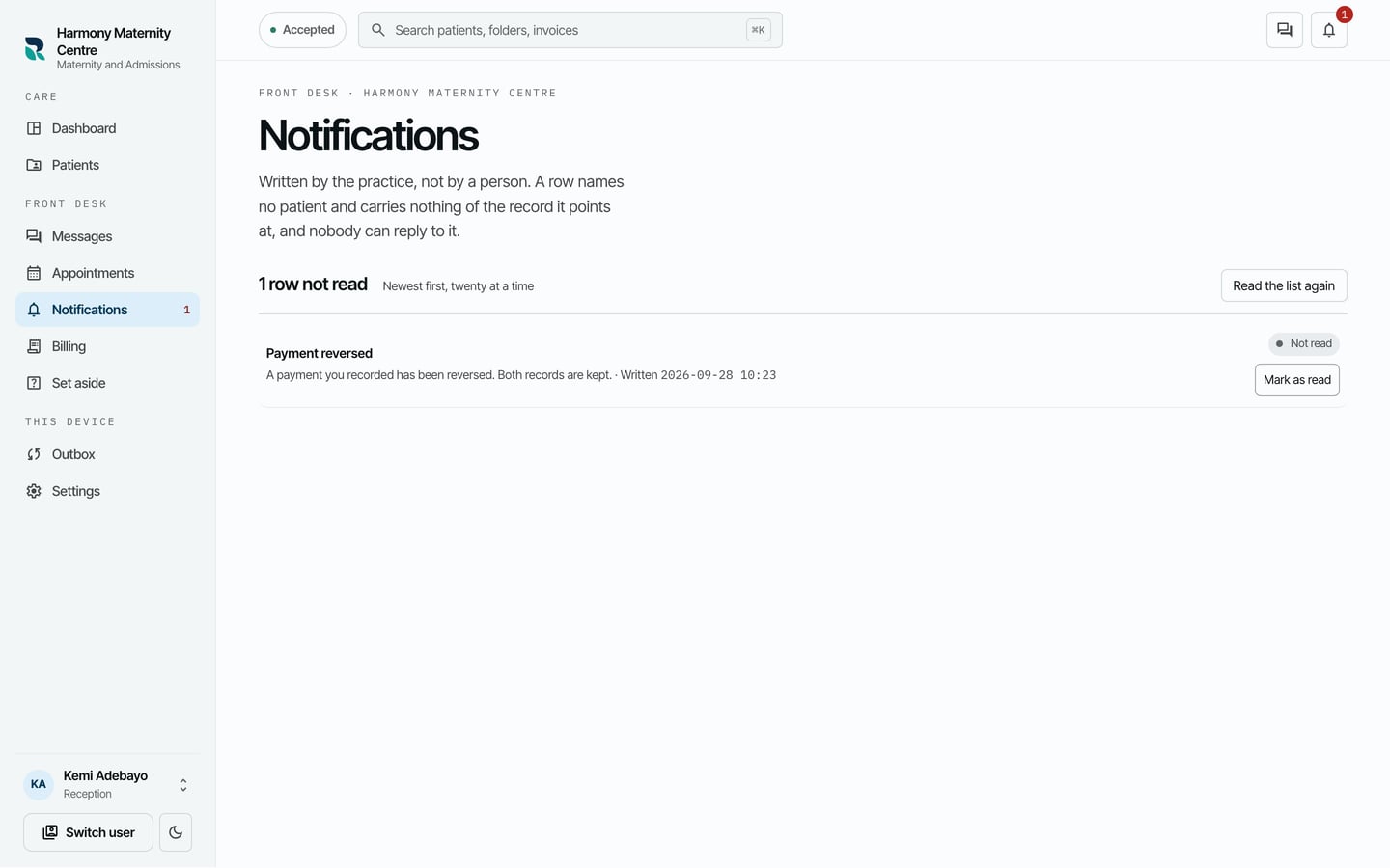 Notifications with 1 row not read: Payment reversed, a payment you recorded has been reversed, both records are kept, with Mark as read.