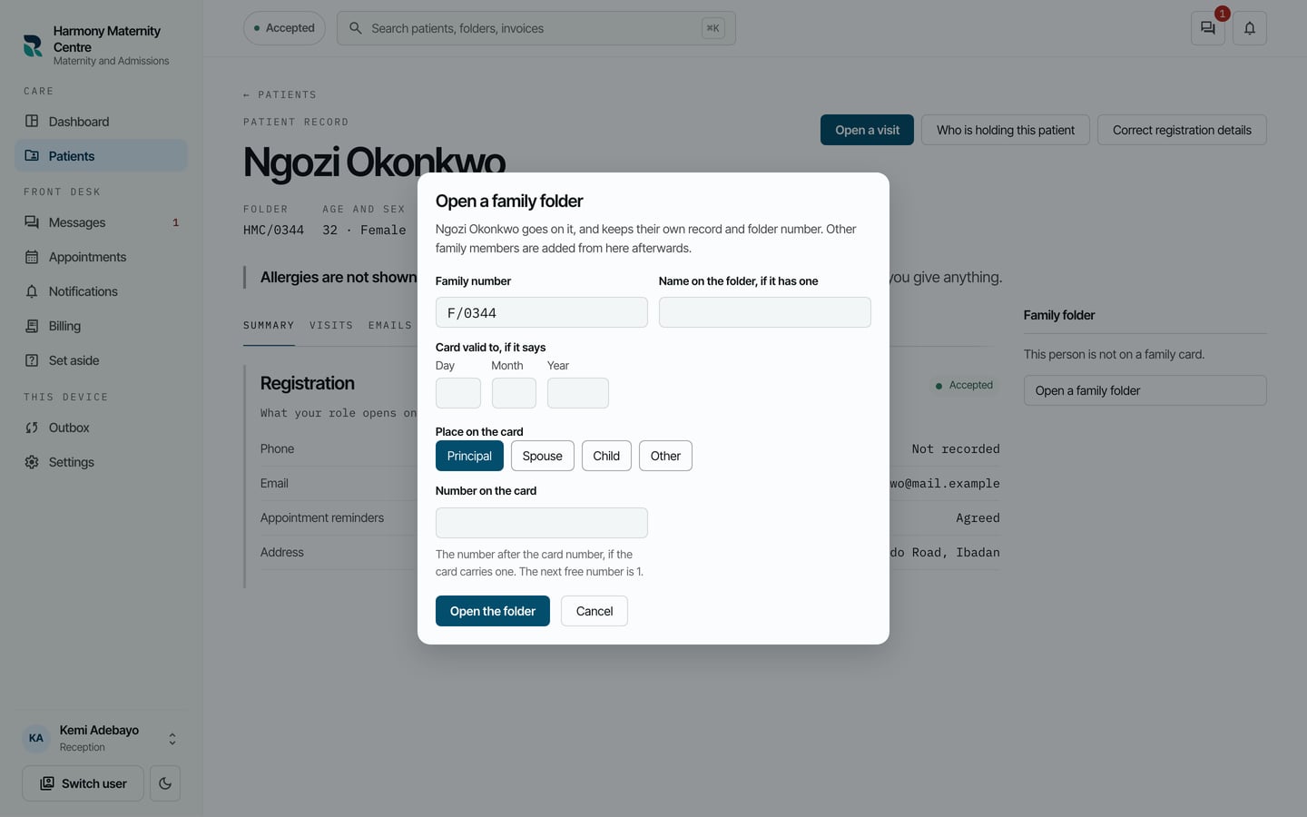 The Open a family folder form with a family number typed in and Principal chosen.
