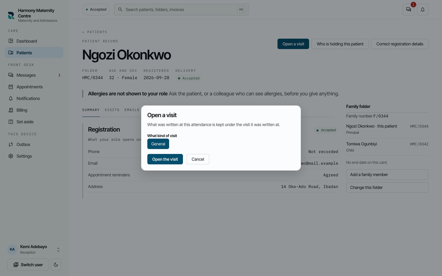 The Open a visit form on Ngozi Okonkwo's chart, with General chosen under What kind of visit and the Open the visit button.