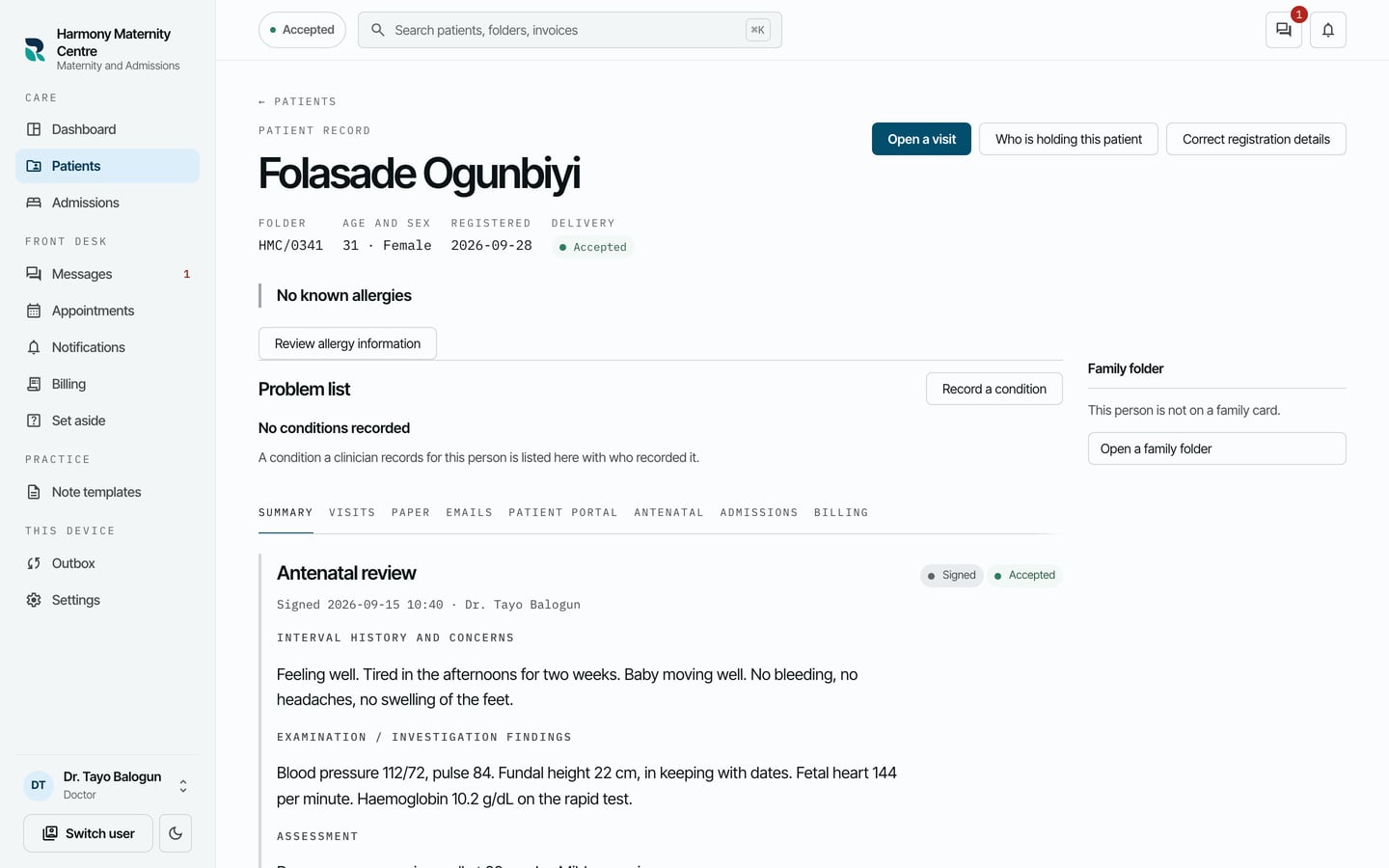 Folasade Ogunbiyi's chart: folder HMC/0341, No known allergies, an empty problem list, and her signed Antenatal review note under Summary.