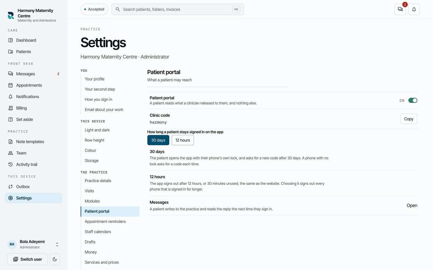Patient portal settings: the switch on, Hospital code harmony with Copy, how long a patient stays signed in, and what a patient can do.