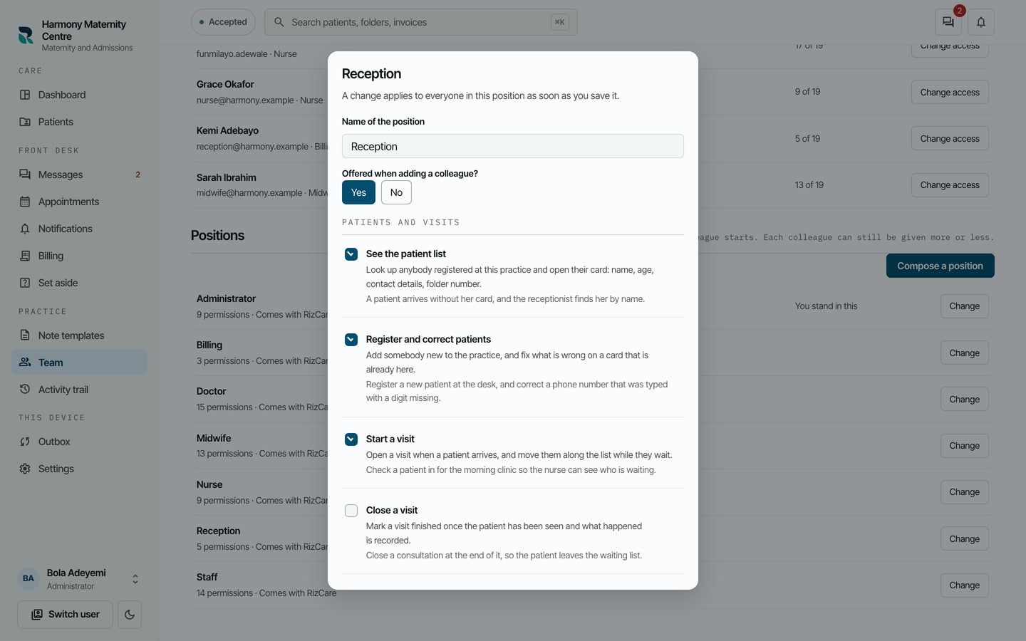 The Reception position and the permissions it carries.