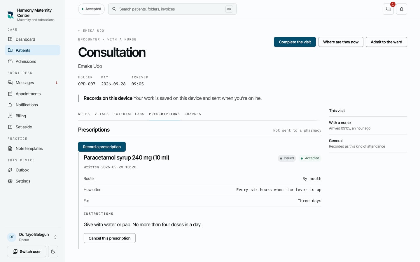 The Prescriptions tab listing Paracetamol syrup 240 mg (10 ml), every six hours when the fever is up, with Cancel this prescription.