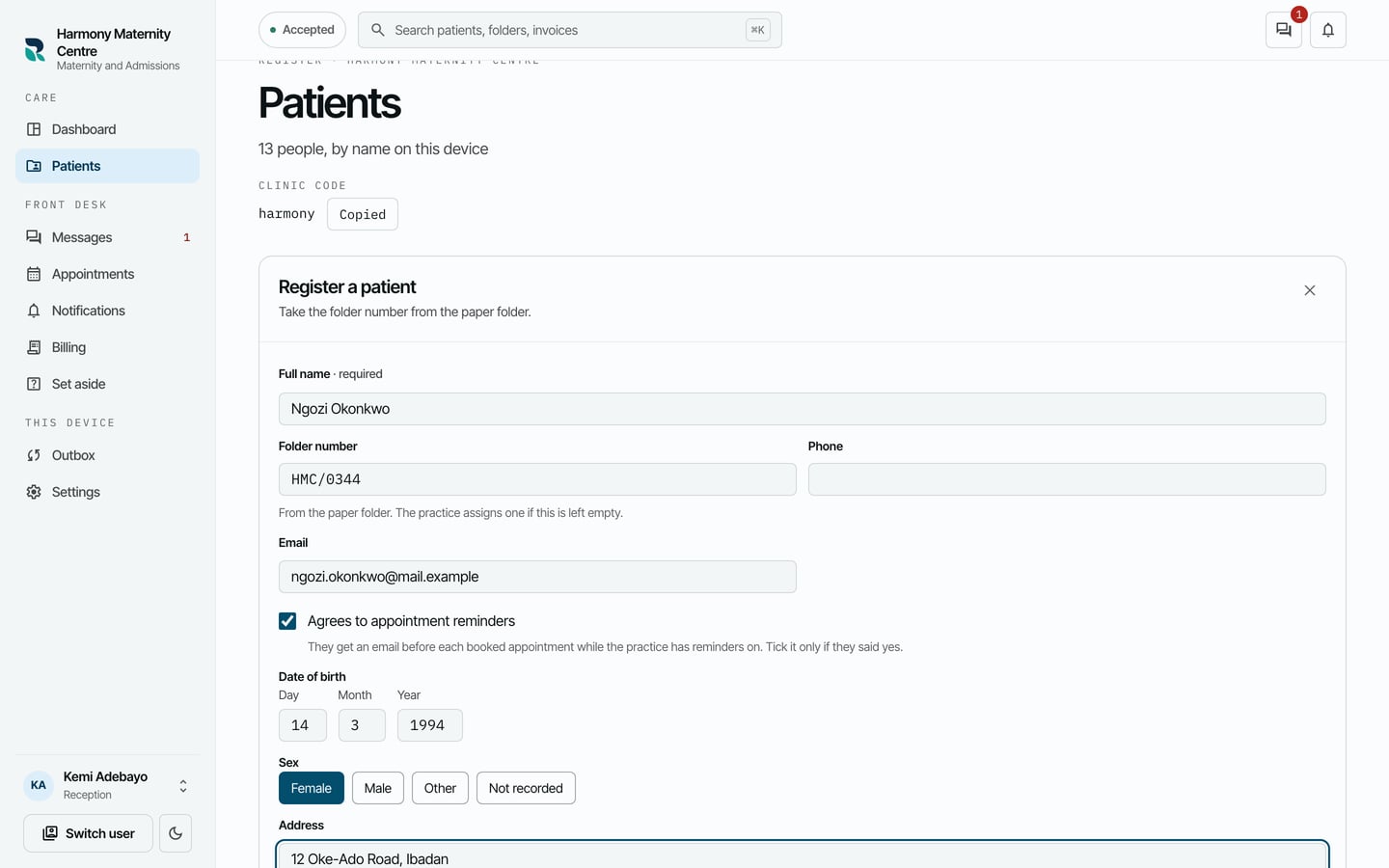 The Register a patient form filled in for Ngozi Okonkwo, with a folder number, an email address, a date of birth and Female chosen.