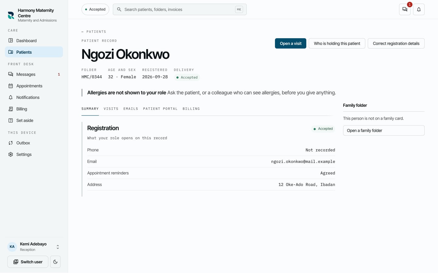 Ngozi Okonkwo's chart straight after registering, with her folder number, age and sex, Accepted, and her registration details.