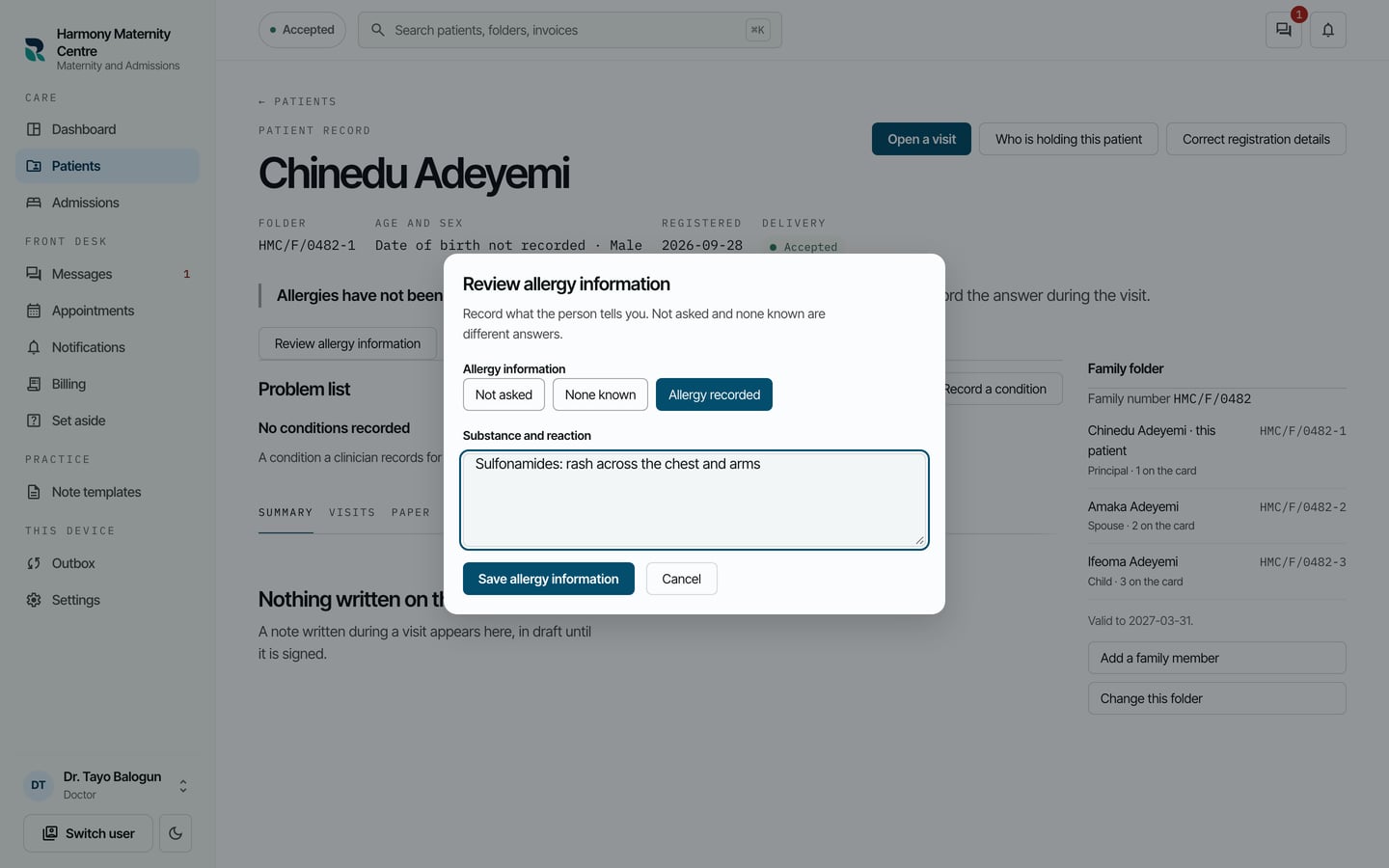 The Review allergy information form with Allergy recorded chosen and Sulfonamides: rash across the chest and arms typed in.