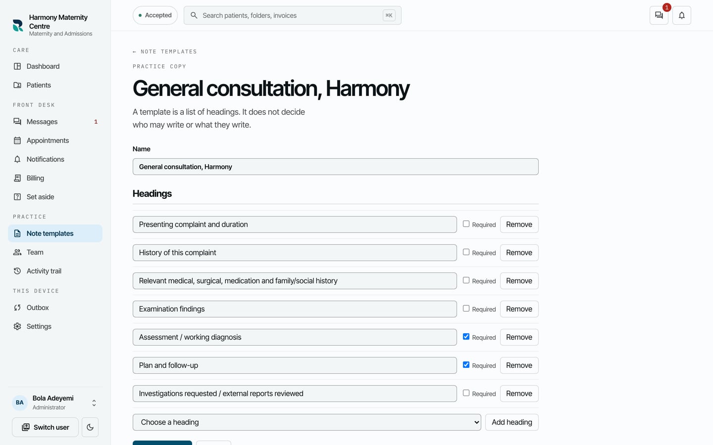 The saved practice copy General consultation, Harmony, with its seven headings and the added one last.