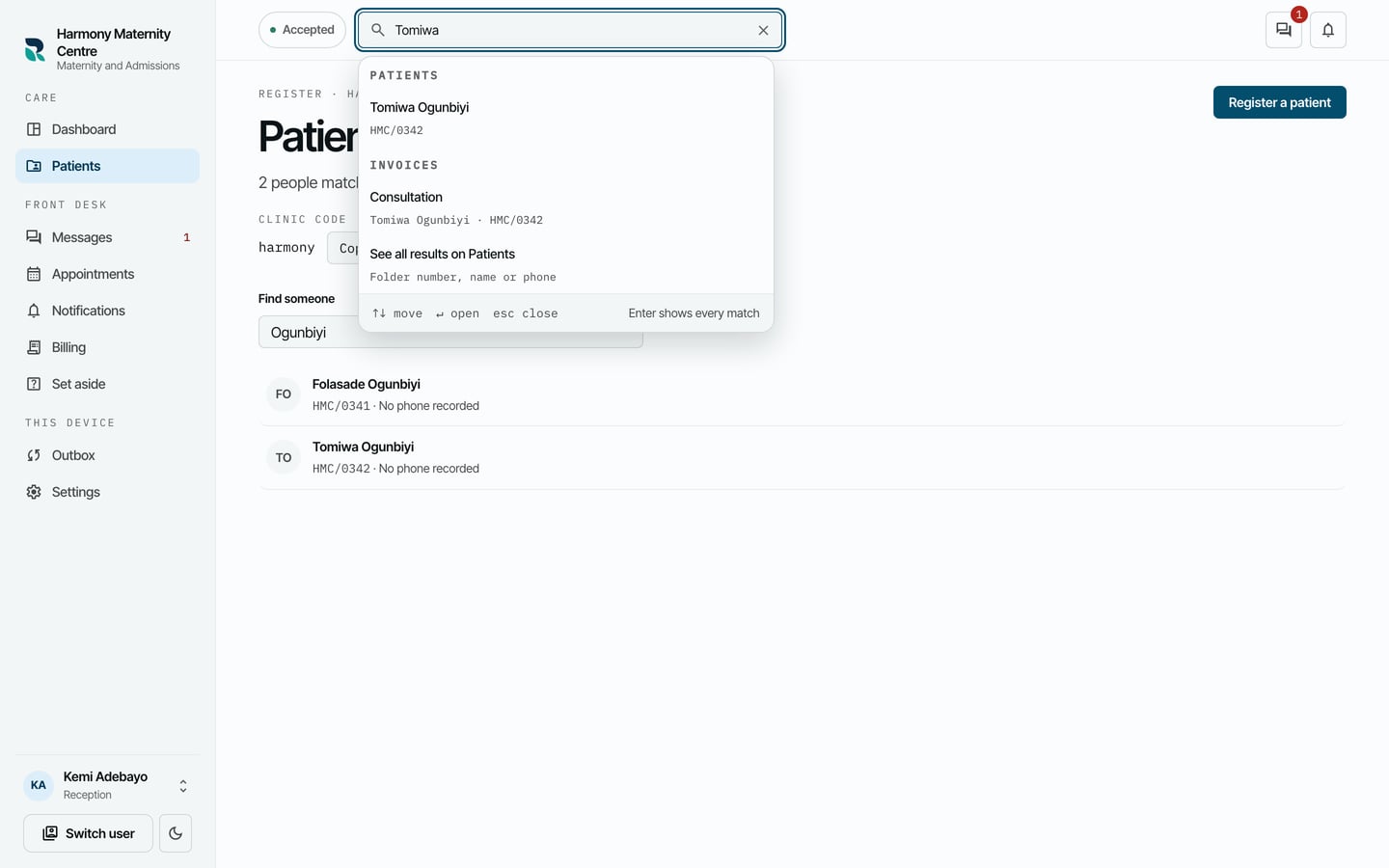 The search at the top of the screen open, with Tomiwa typed in and matching patients and invoices listed.