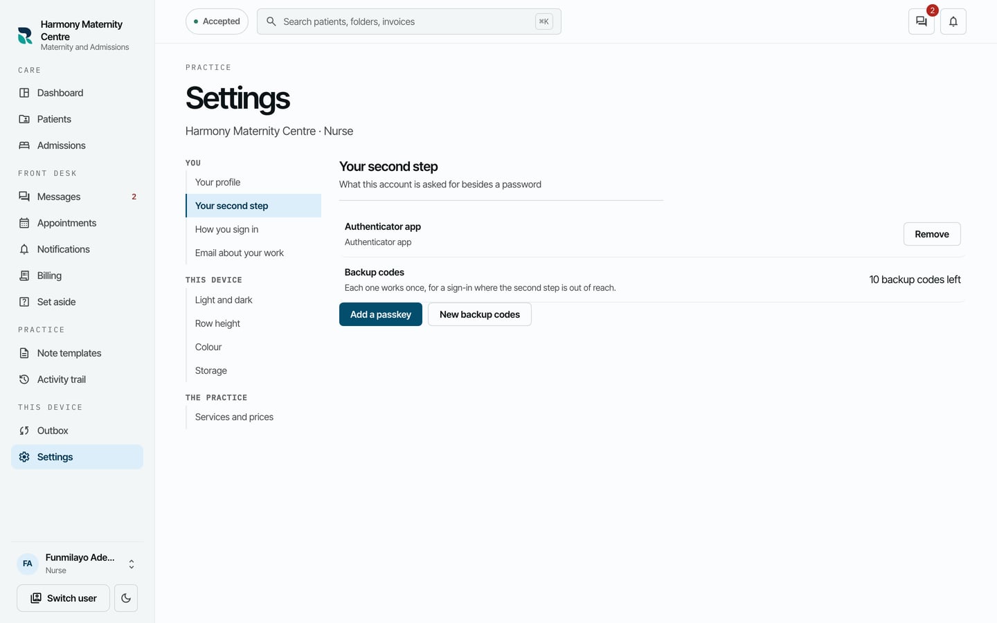 Your second step, listing the authenticator app just added.
