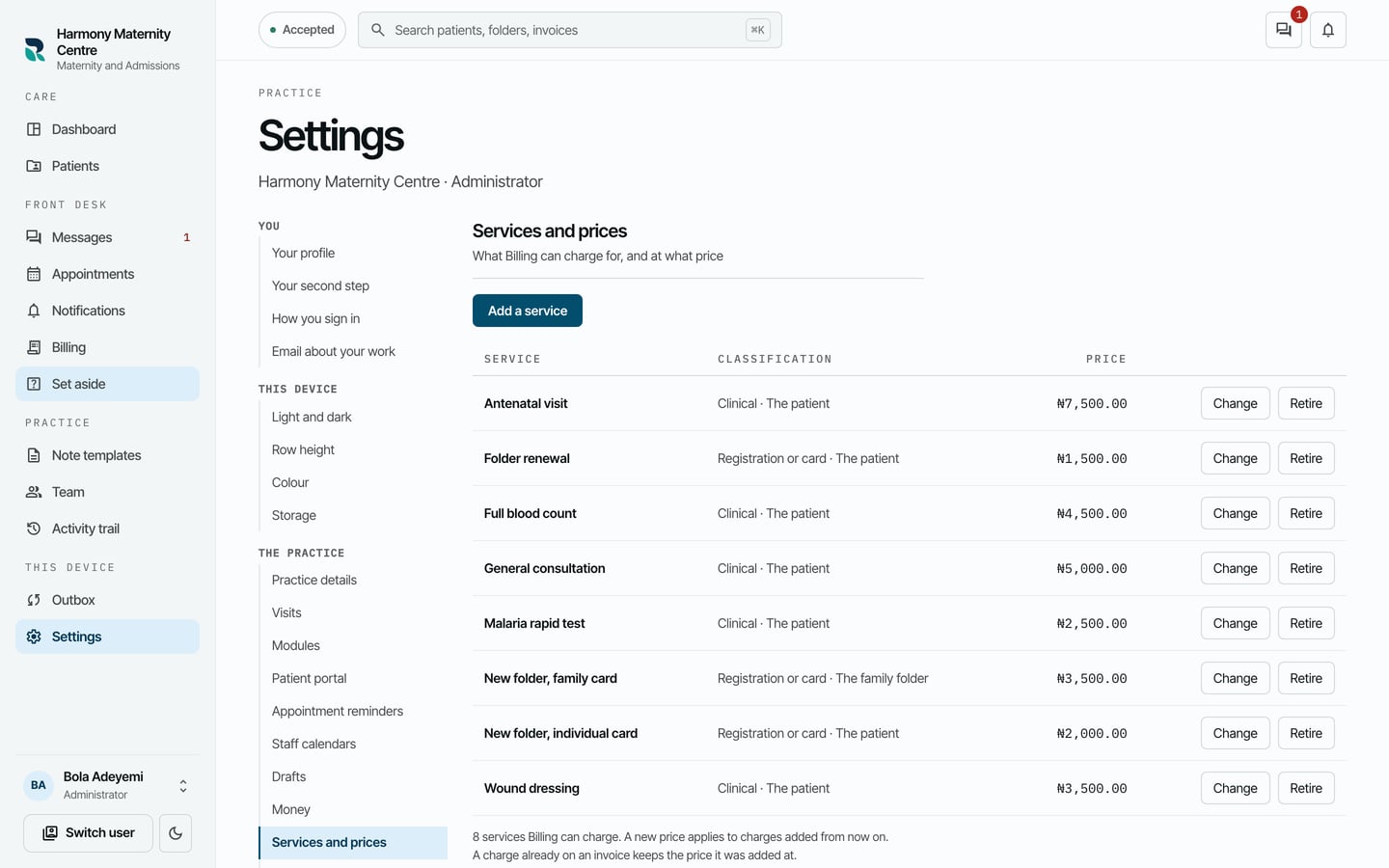 Services and prices, listing each service with its classification, who it is charged to, its price, and Change and Retire.
