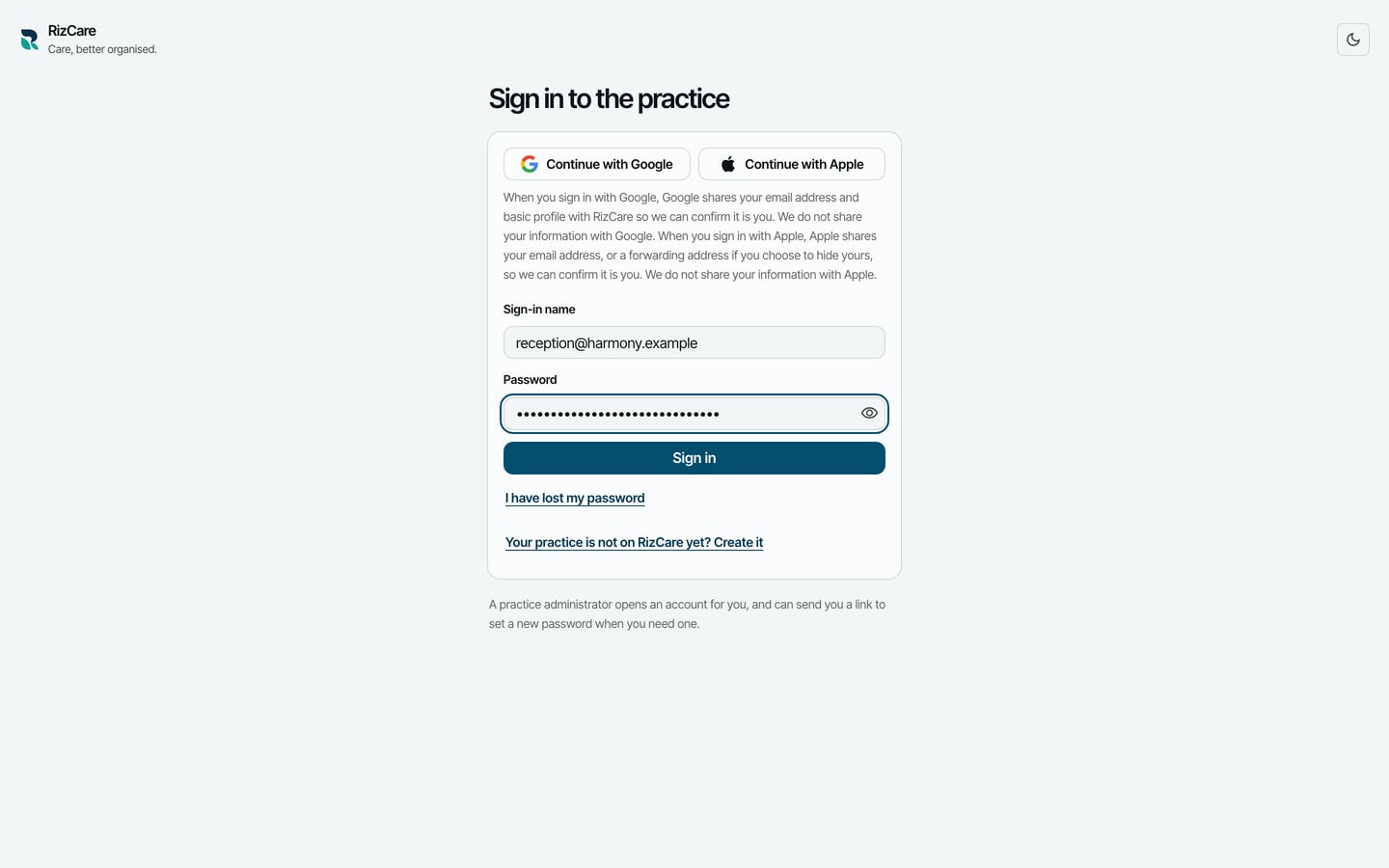 Sign in to the practice, with a sign-in name and password typed in, the Sign in button, and Continue with Google and Continue with Apple.
