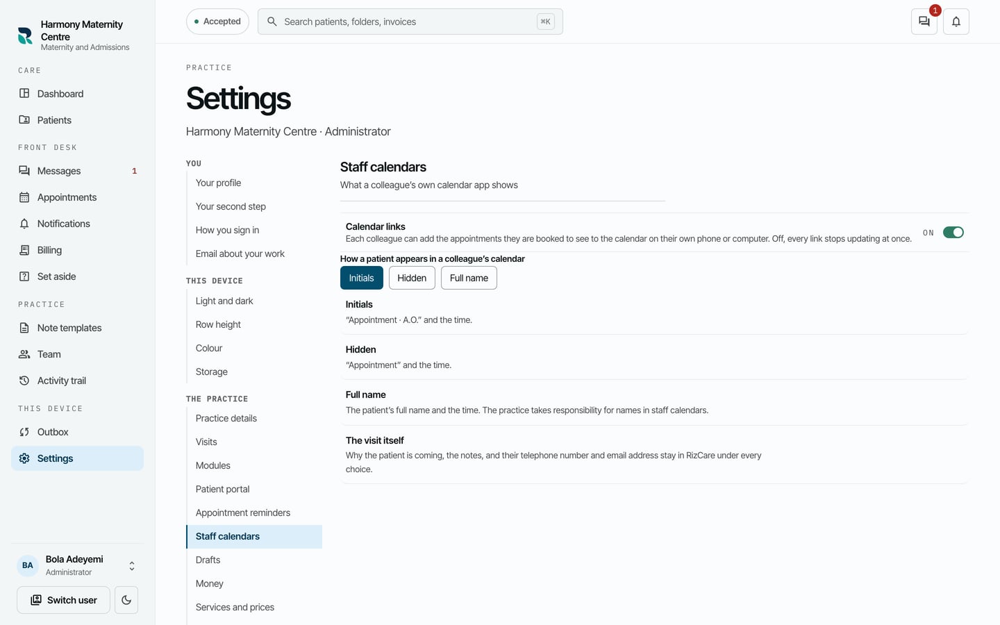 Staff calendars: Calendar links switched on, Initials chosen, and what each choice shows and what a calendar never shows.