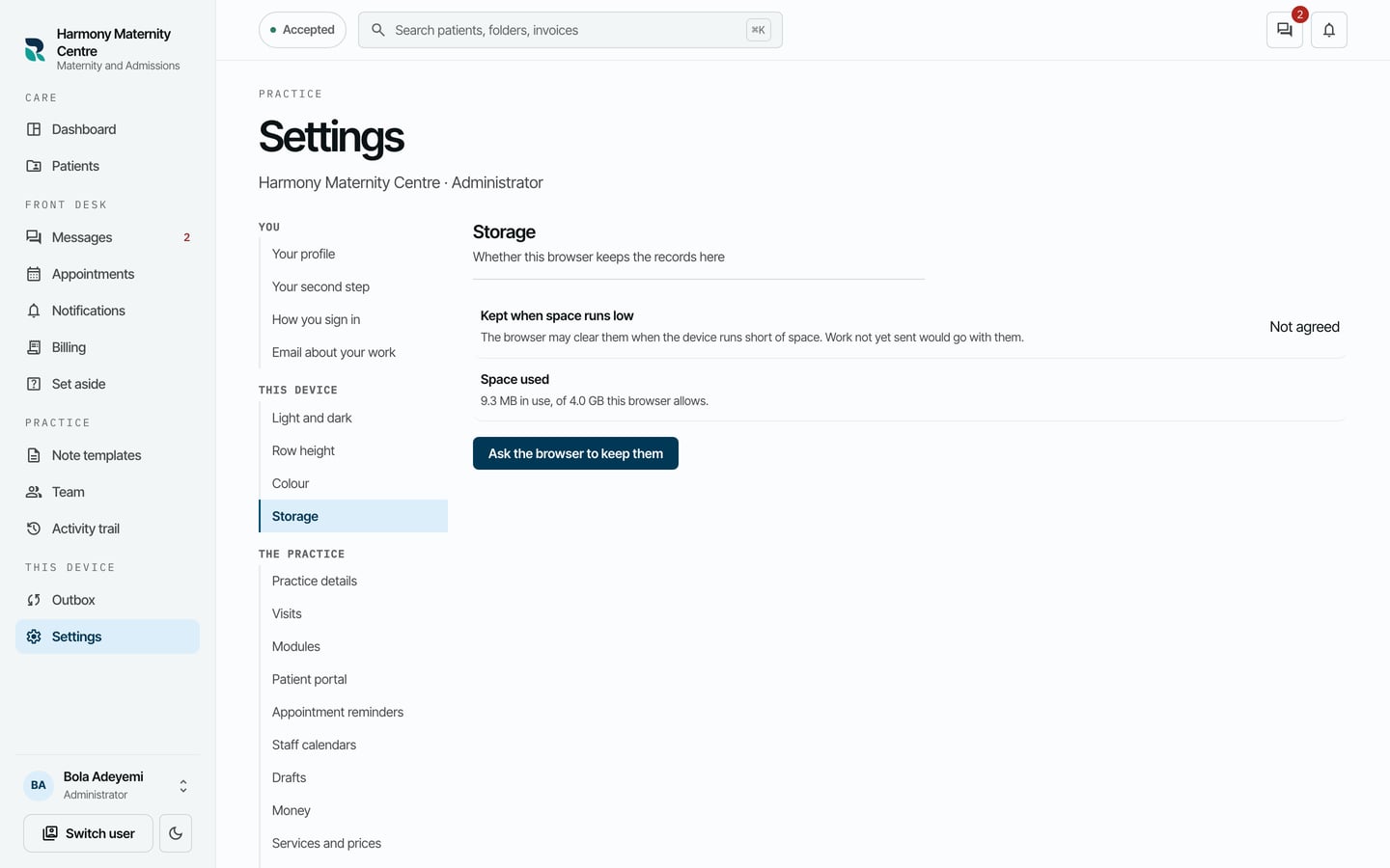 Storage: whether the browser keeps the records when space runs low, and the space used.