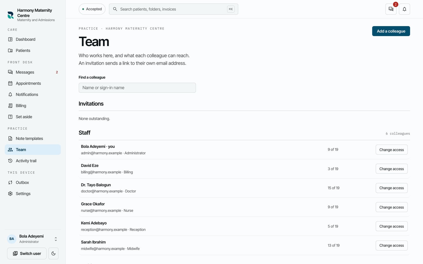 The Team screen: Find a colleague, Invitations none outstanding, and the Staff list with each colleague's position, how many permissions they hold and Change access.