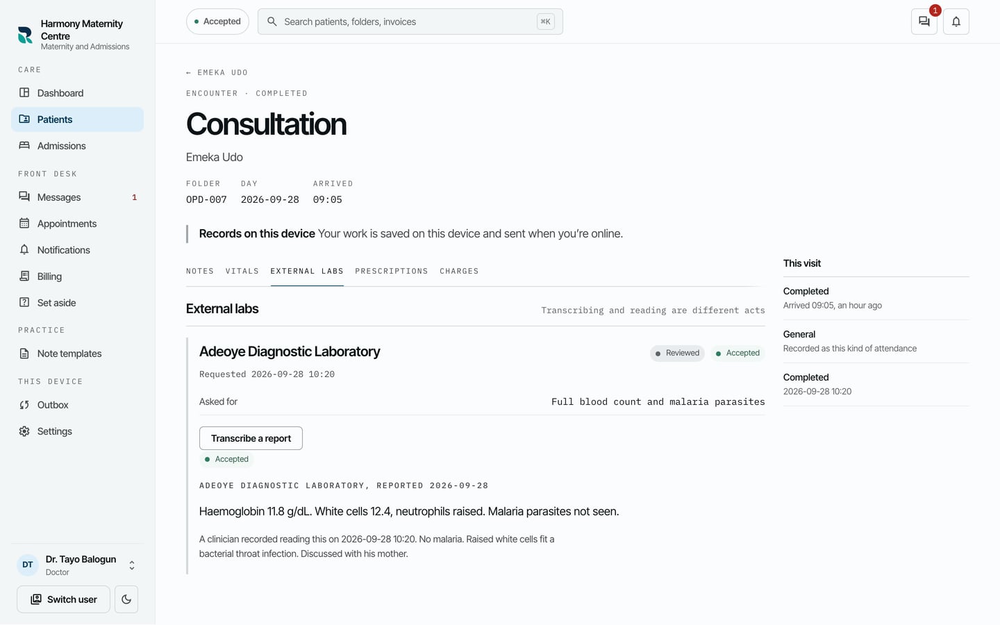 Emeka Udo's consultation marked Encounter · Completed, with its tabs still readable.