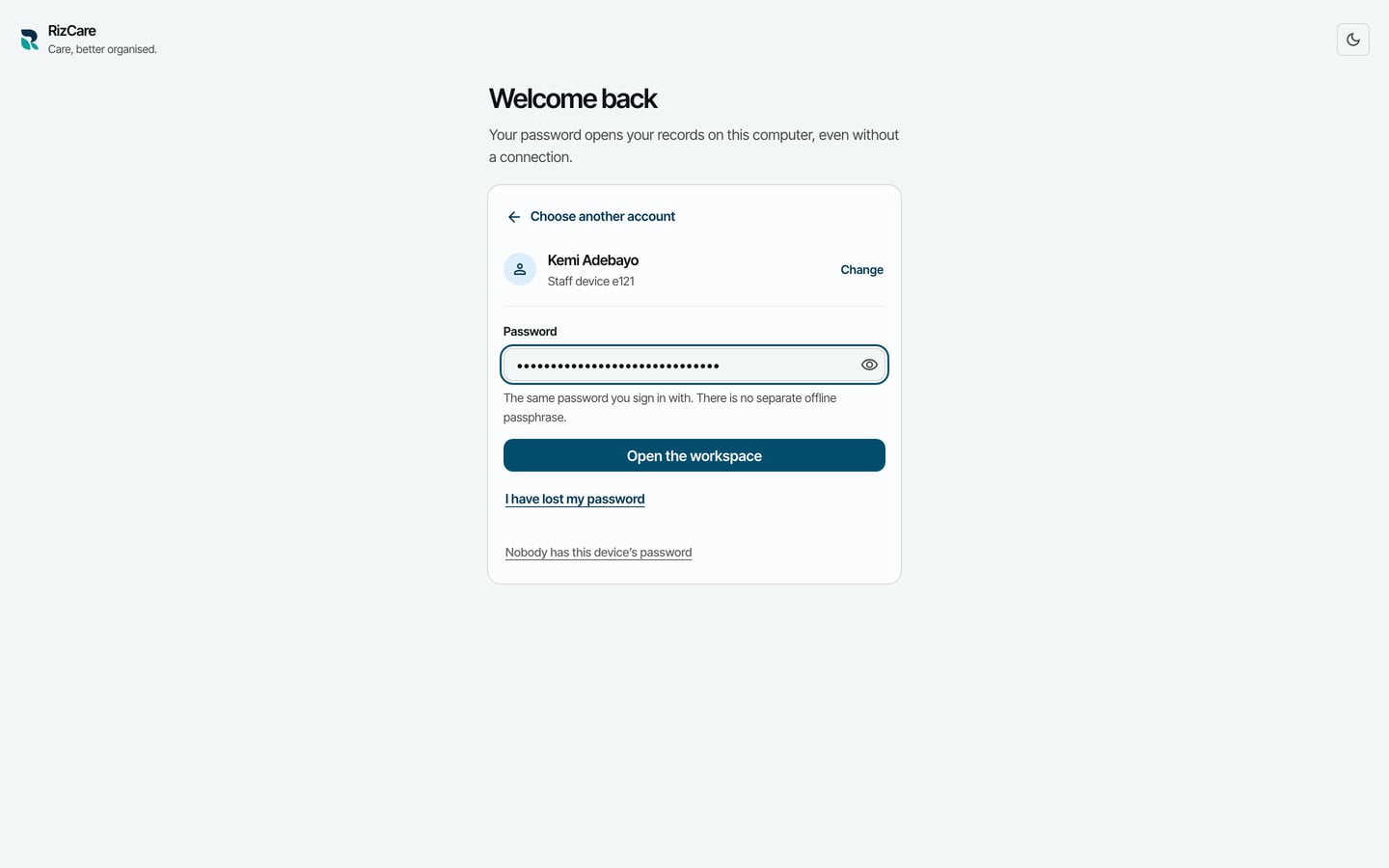 Welcome back, with Kemi Adebayo's account and the password typed in, and Open the workspace.