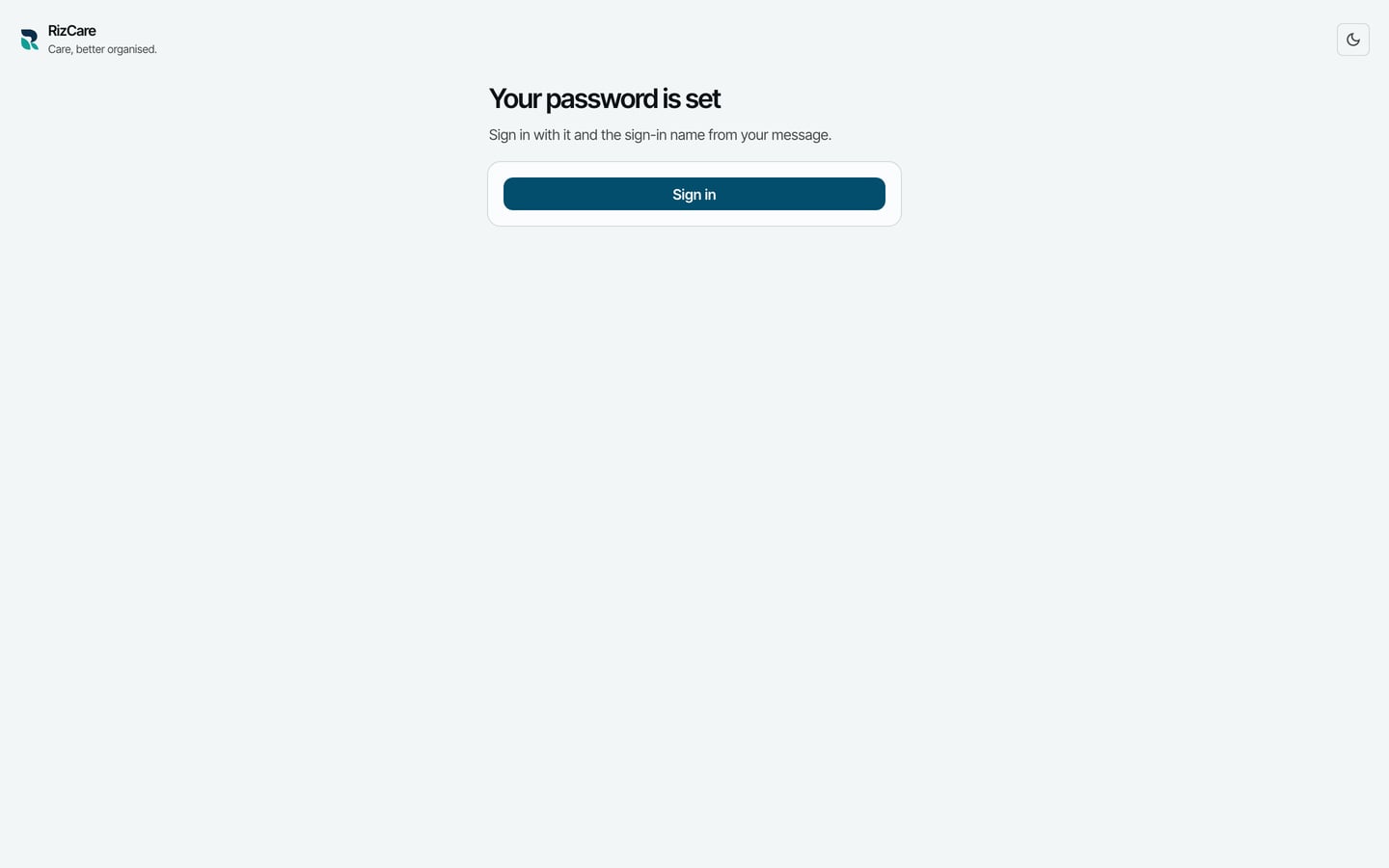 Your password is set: sign in with it and the sign-in name from your message, with a Sign in button.