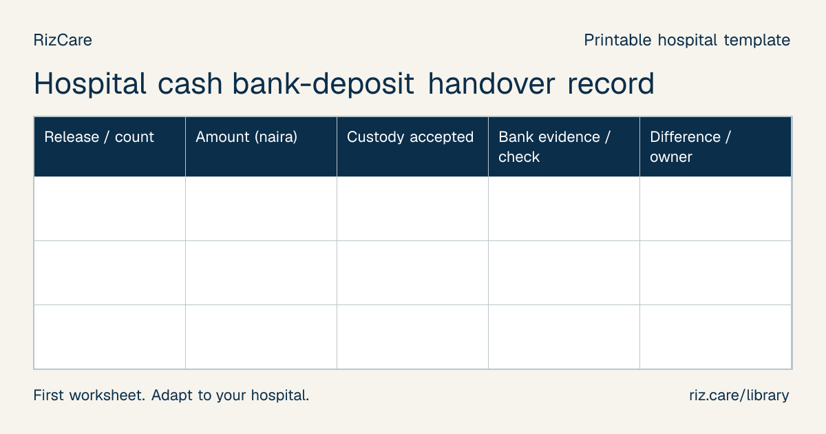 Blank worksheet: Hospital cash bank-deposit handover record