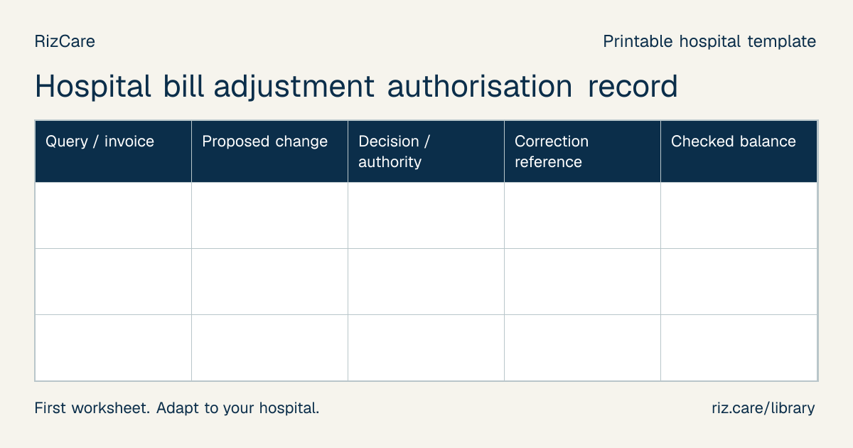 Blank worksheet: Hospital bill adjustment authorisation record