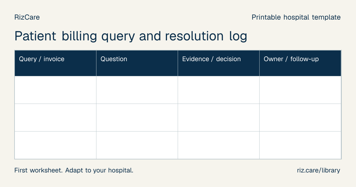 Blank worksheet: Patient billing query and resolution log