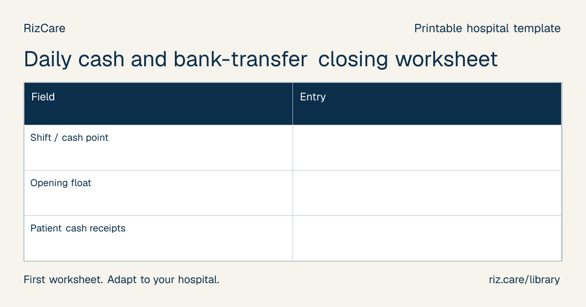 Blank worksheet: Daily cash and bank-transfer closing worksheet