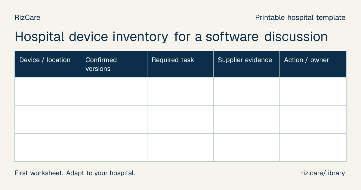 Blank worksheet: Hospital device inventory for a software discussion