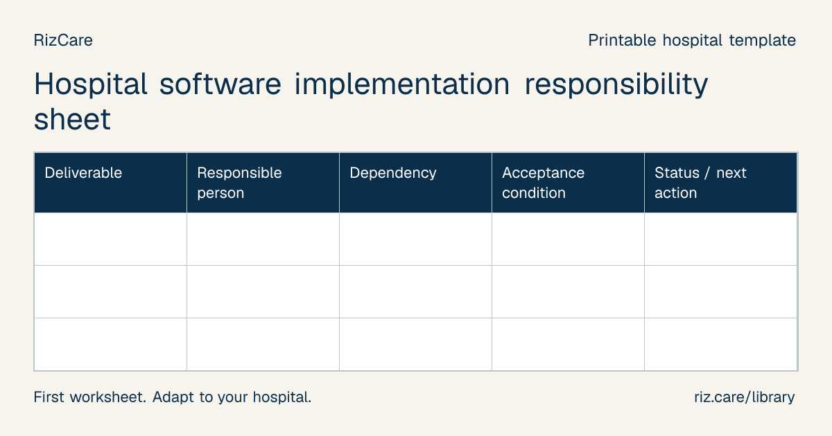Blank worksheet: Hospital software implementation responsibility sheet