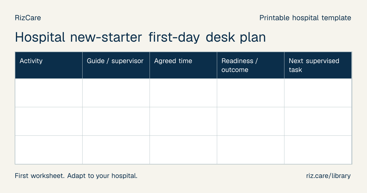 Blank worksheet: Hospital new-starter first-day desk plan