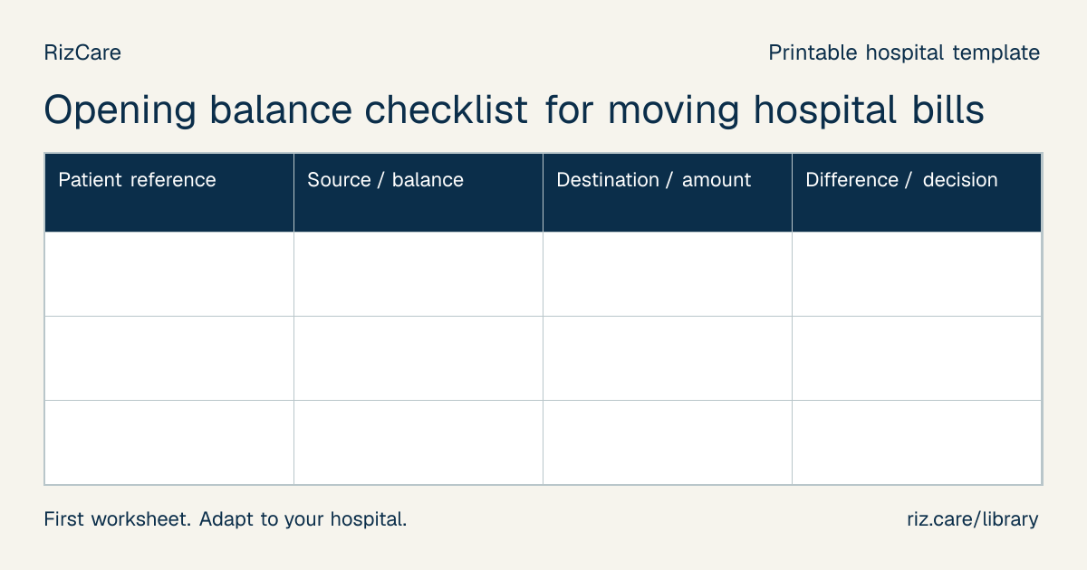 Blank worksheet: Opening balance checklist for moving hospital bills