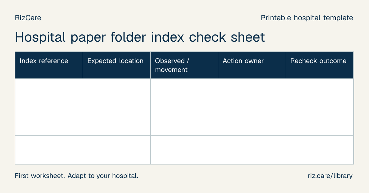 Blank worksheet: Hospital paper folder index check sheet