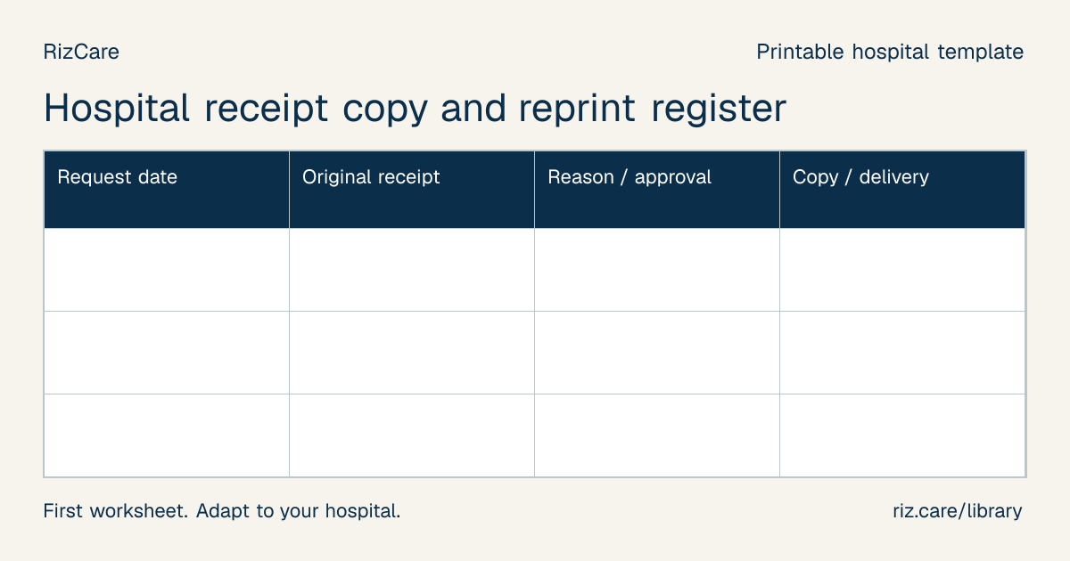 Blank worksheet: Hospital receipt copy and reprint register