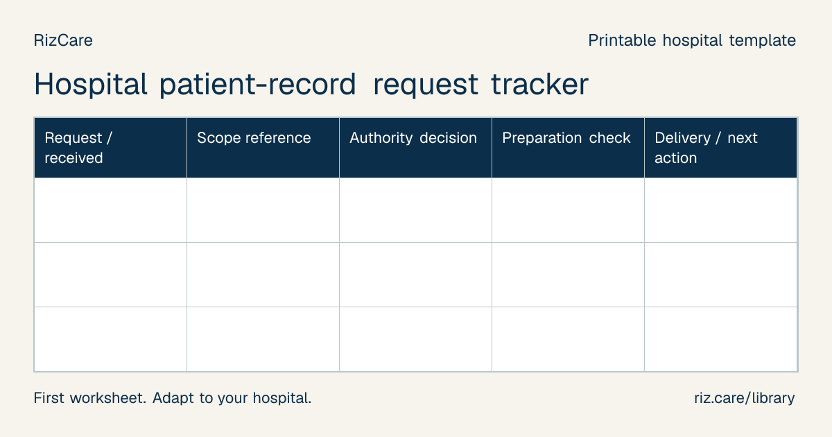 Blank worksheet: Hospital patient-record request tracker