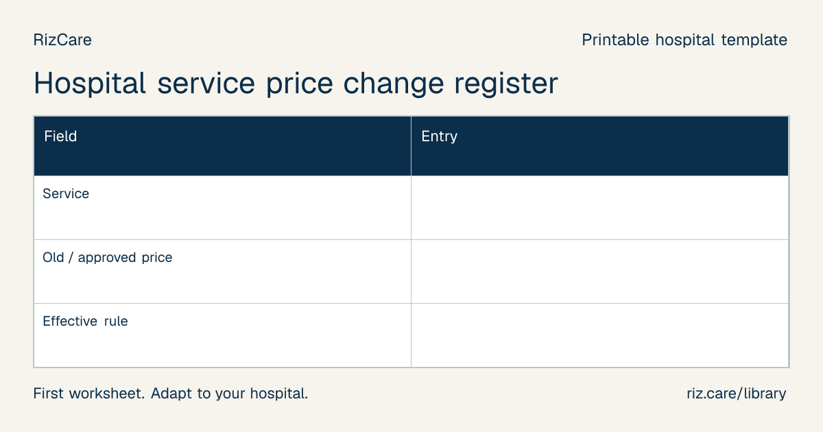 Blank worksheet: Hospital service price change register