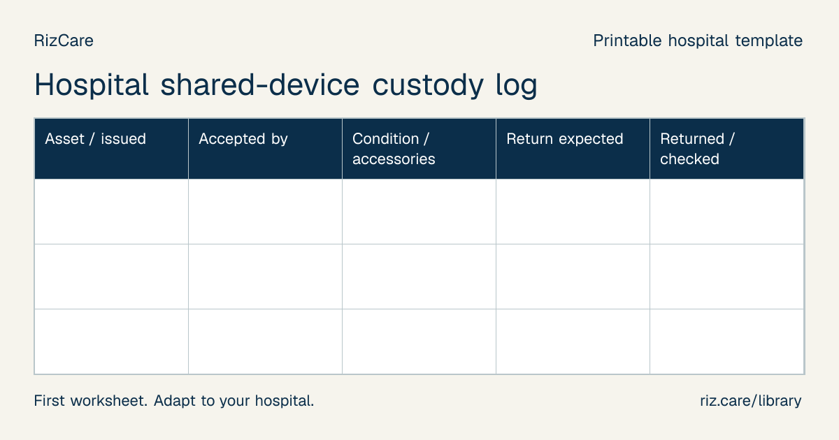 Blank worksheet: Hospital shared-device custody log