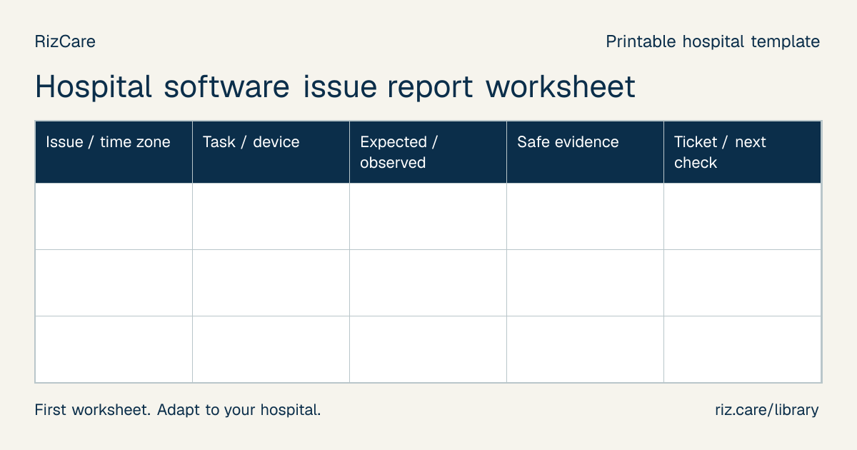 Blank worksheet: Hospital software issue report worksheet