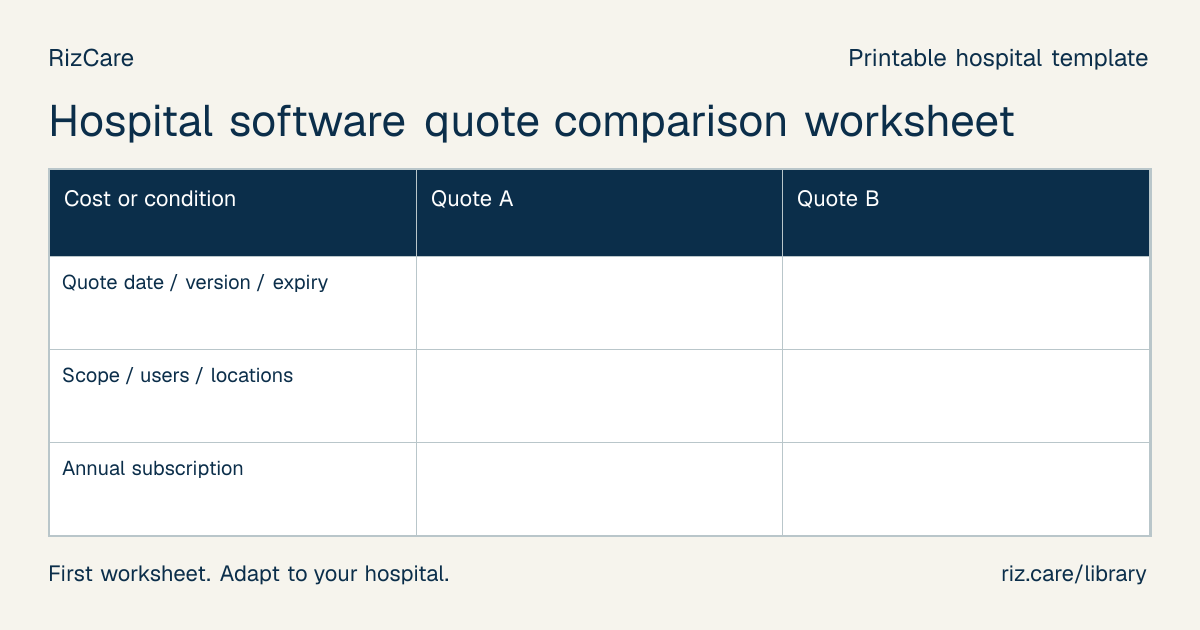 Blank worksheet: Hospital software quote comparison worksheet