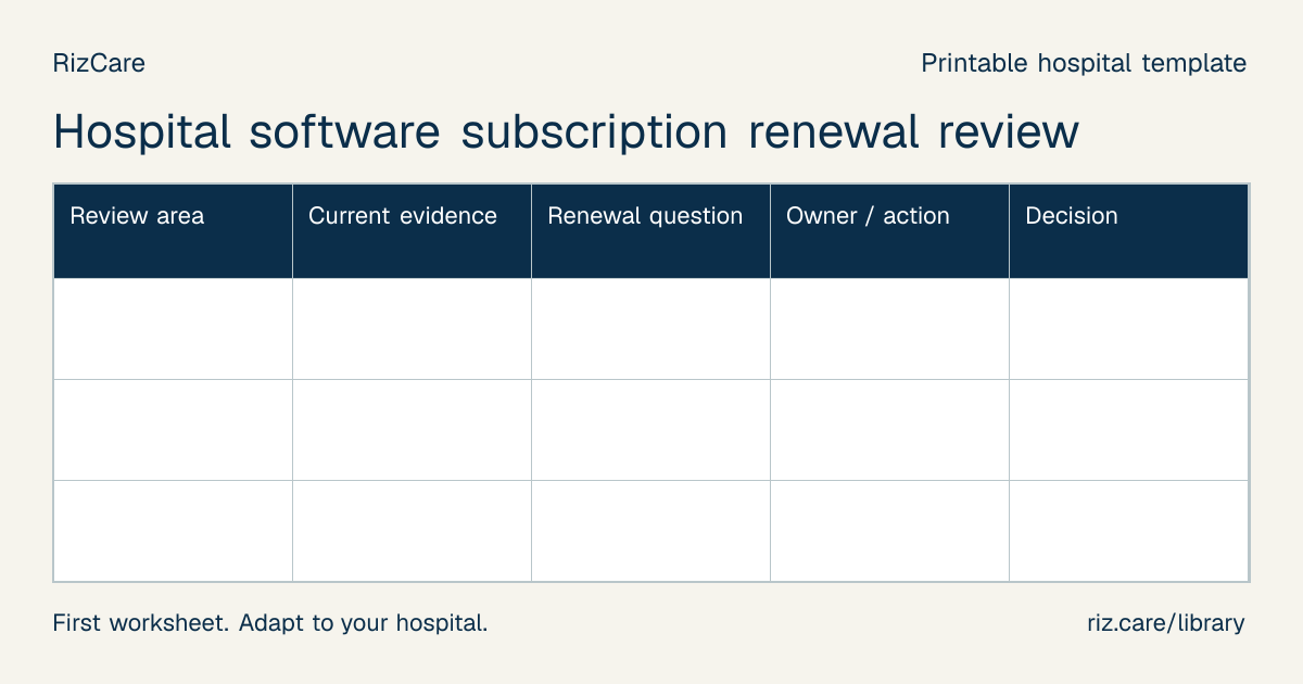 Blank worksheet: Hospital software subscription renewal review