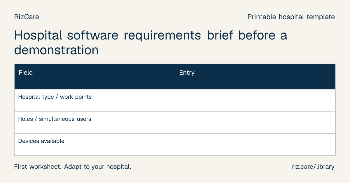 Blank worksheet: Hospital software requirements brief before a demonstration